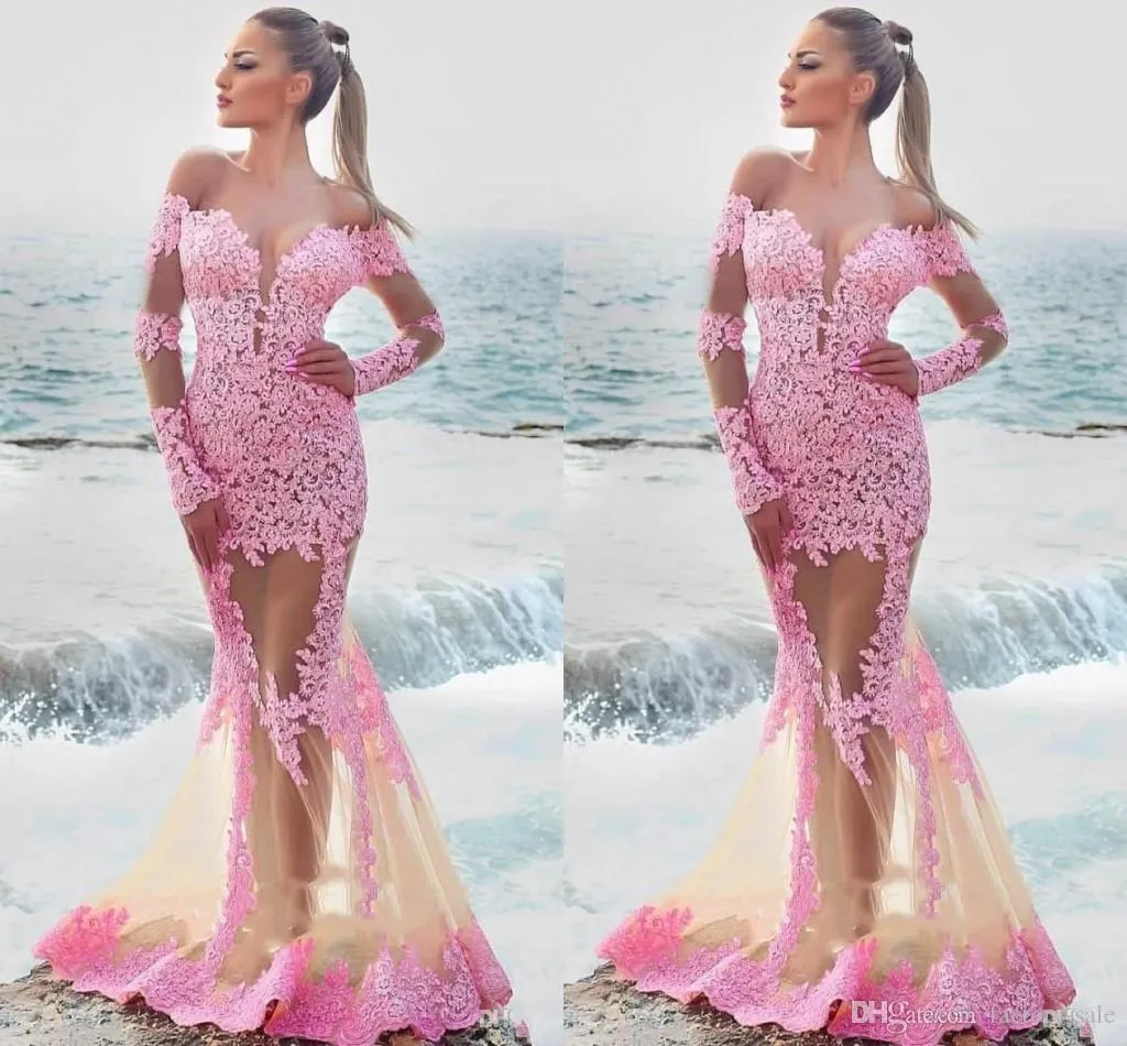 Berta Sexy arabische durchsichtige rosa Meerjungfrau-Abschlussballkleider, transparente lange Ärmel, Juwelenausschnitt, bodenlanges Festzugskleid, formelle Abendkleider