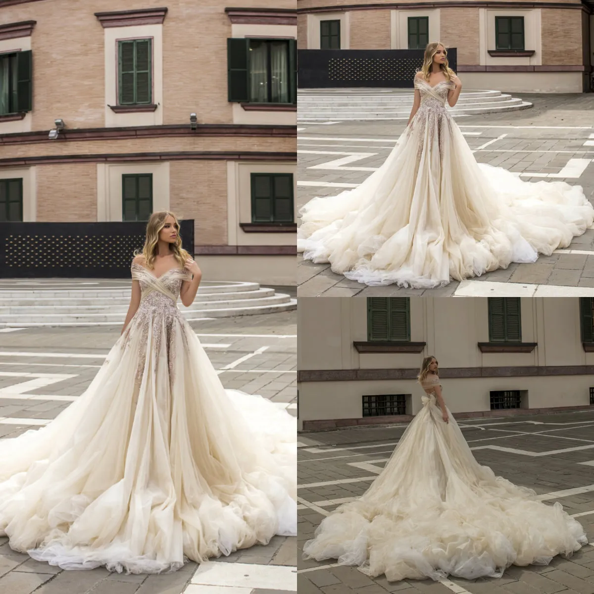 Hollow Back A Linia Suknie ślubne Off Ramię Cekiny Aplikacje Łuk Tulle Suknia Ślubna Suknia Dreset Robes De Mariée