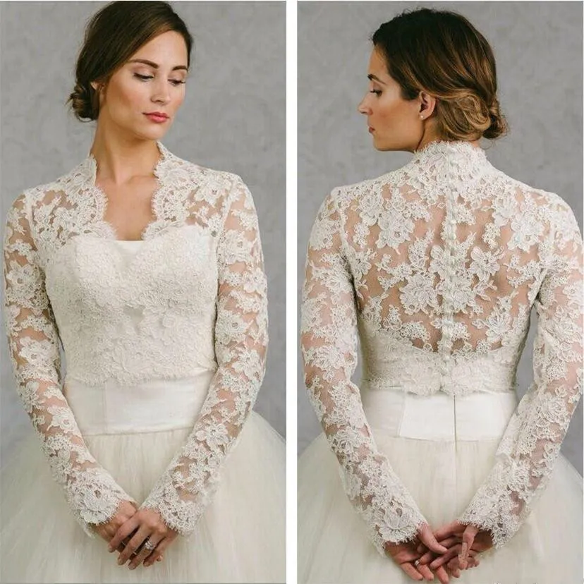 Bhldn 2019 الزفاف التفاف الدانتيل سترة بيضاء العاج appliqued رخيصة طويلة الأكمام سترة الزفاف بوليرو يقشعر زائد حجم فستان الزفاف الأغطية