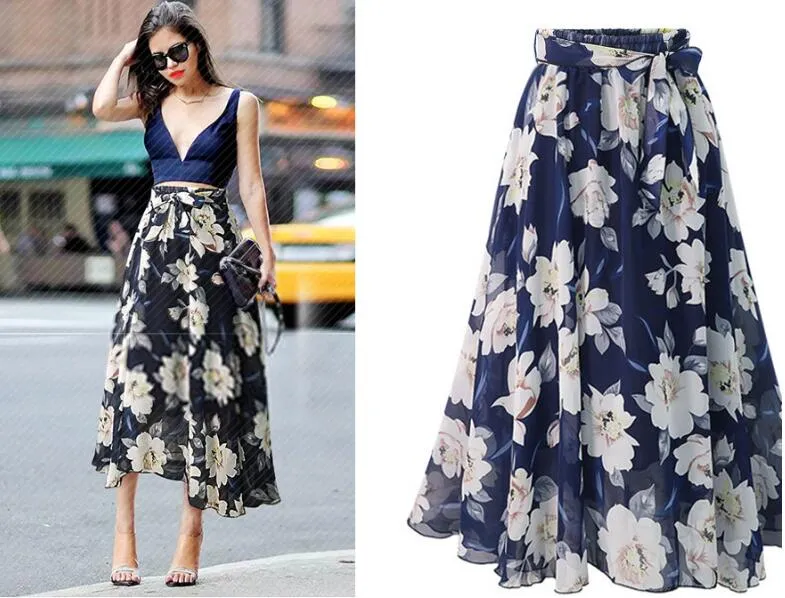 Bohemian High Waist Floral Print Summer Skirts Womens Boho Asymmetrical Chiffon Skirt Maxi Long Skirts Women