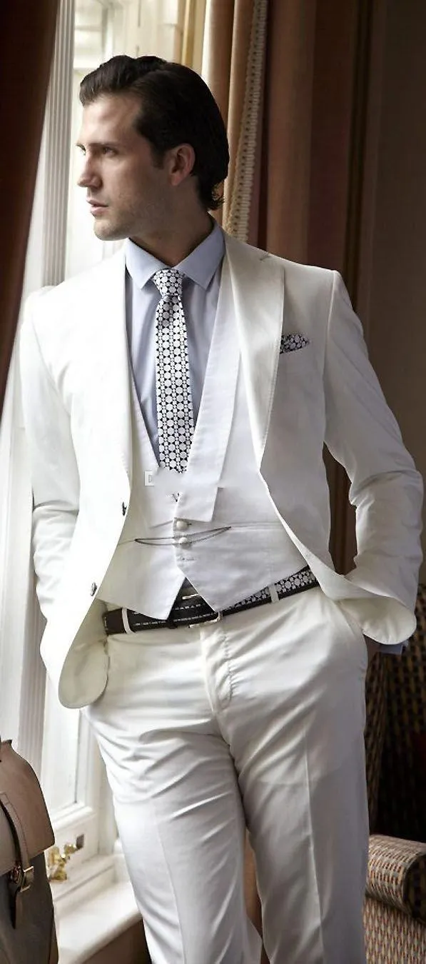 Popularna Ivory Groom Tuxedos Notch Lapel Groomsmen Mężczyzna Suknia Ślubna Doskonała Kurtka Mężczyzna Blazer 3-częściowy garnitur (kurtka + spodnie + kamizelka + krawat) 707