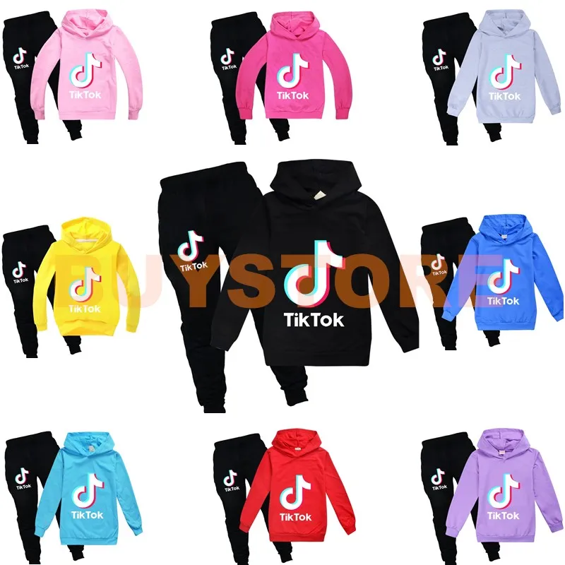 TikTok enfants ensemble à manches longues à capuche pantalon mélange de coton multicolore en option enfants vêtements enfants sweat garçon/fille vêtements 2 pièces/ensemble