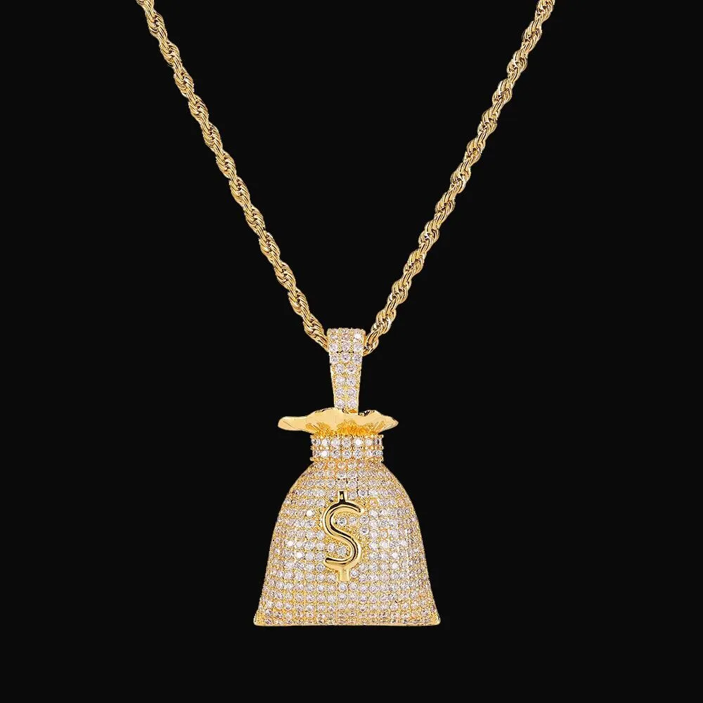 Pendentif de sac d'argent en Dollar américain avec chaîne cubaine couleur or argent Bling Zircon cubique hommes Hip hop collier bijoux pour cadeau