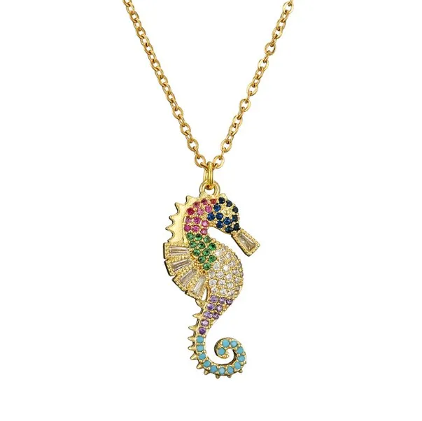 Gold/Silver Color Chain Women Men Necklace Colourful CZ Stone Seahorse Pendant Necklace Female Party Jewelry Best Gift