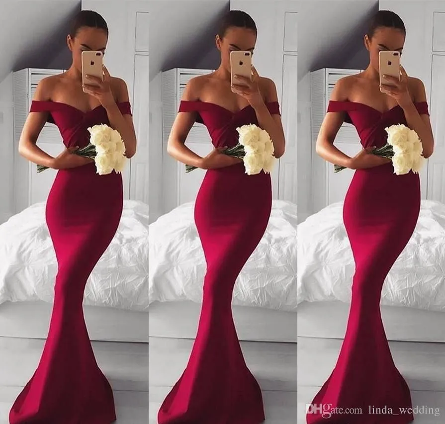 2019 Burgundia Druhna Dress Mermaid Off Ramiona Kraj Ogród Formalny Wedding Party Guest Honor Gown Plus Size Custom Made