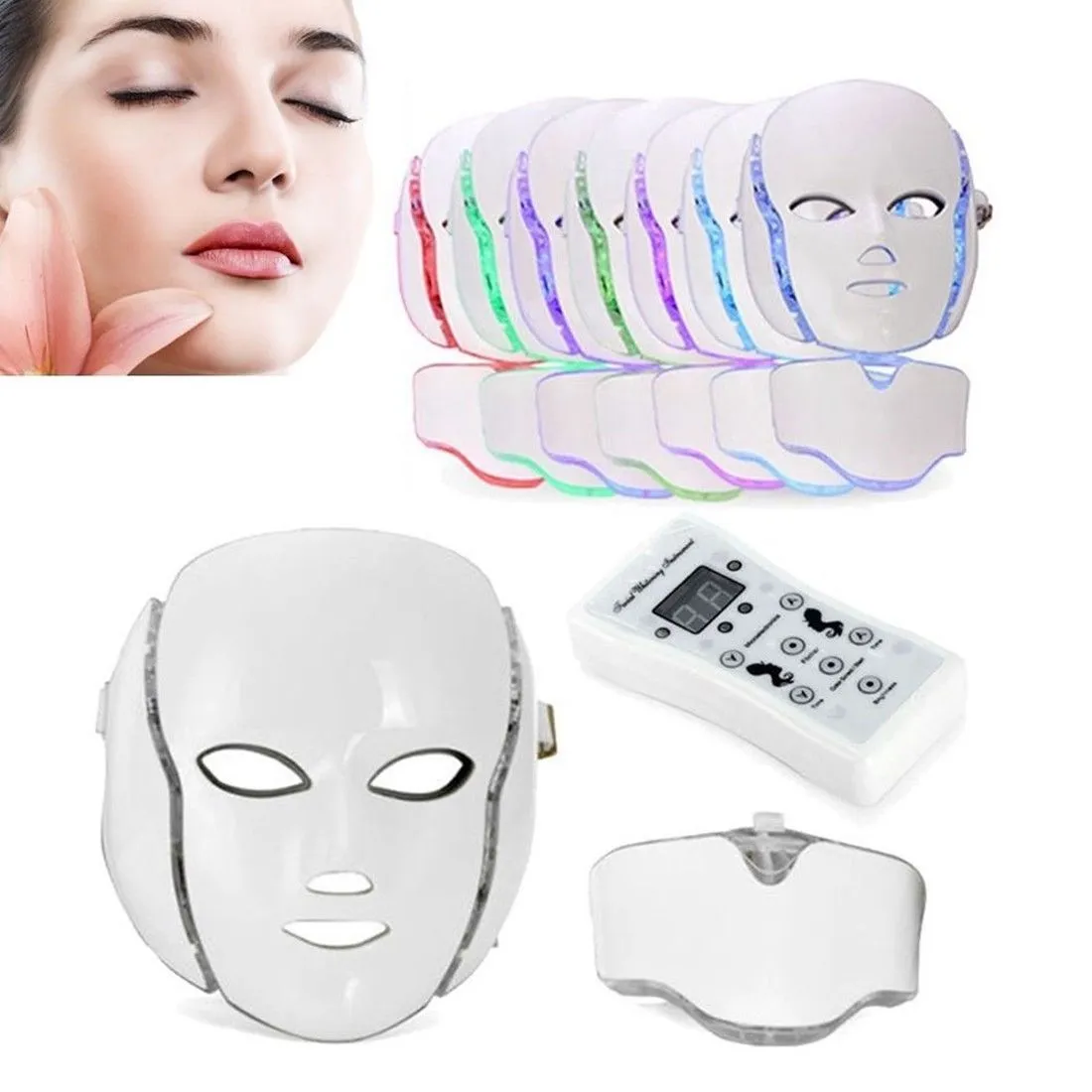 PDT 7 LEDライト療法の顔美機械LED皮膚の白化装置のための微小電流が付いている顔のネックマスクを導きました