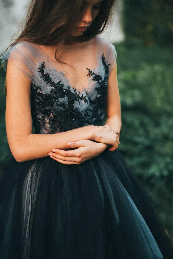 Black Gothic Wedding Gown with Lace Applique, Sleeves, and Boho Fairy Style - Perfect for Country Reception and Party Black Bridal Dress