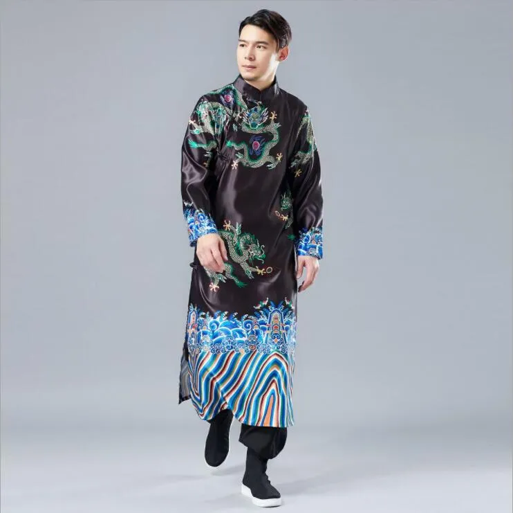 الرجعية النمط الصيني الحرير ملابس طويلة الصين enthnic زي الخريف التطريز التنين نمط الصينية التقليدية ثوب طويل رداء
