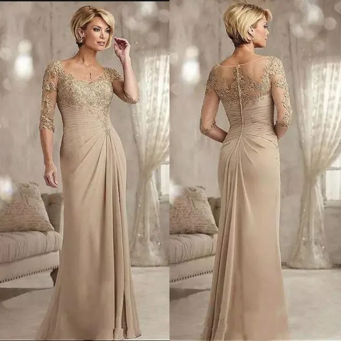 Champagne Chiffon Mermaid Mother Of The Bride Dresses Scoop Neck Wedding Guest Dress Mother's Dresses Plus Size