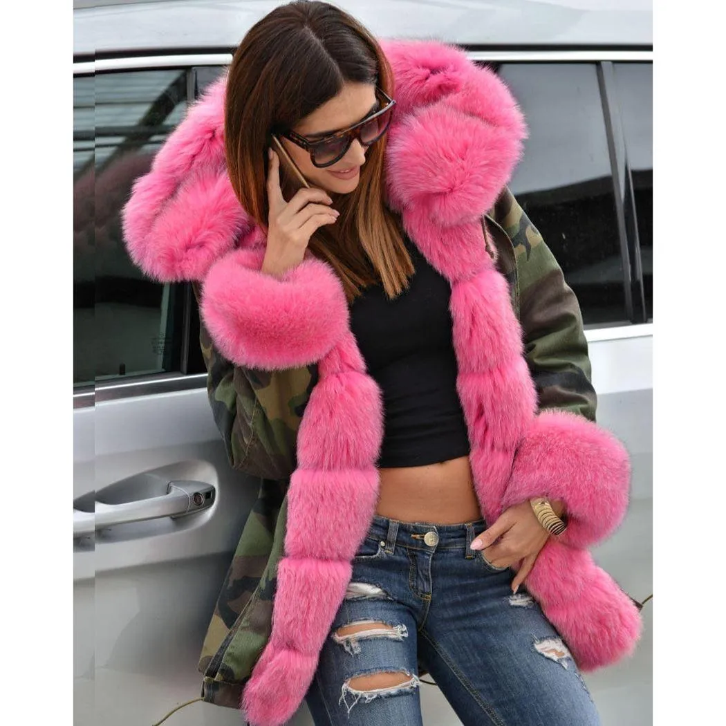 Women Camouflage Long Coat Pink Faux Fur Collar Parka Camo Overcoat 2018 Winter Thick Warm Hairy Fur Hooded Jackets Outwear 5XL