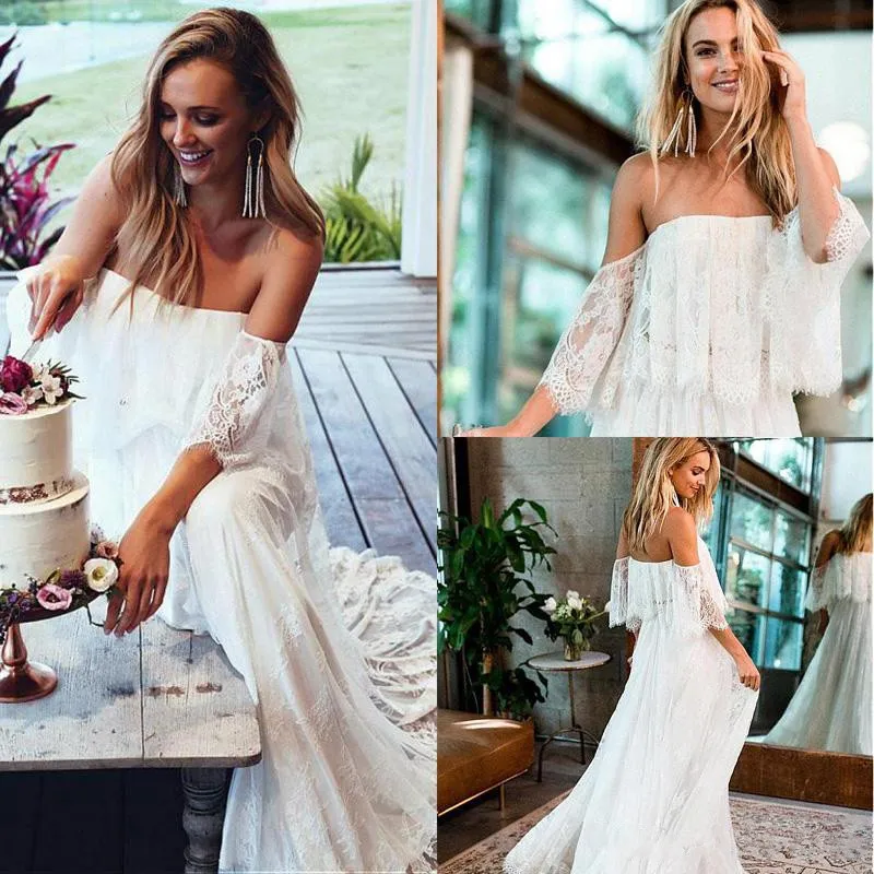 Elegant 2019 strapless en linje boho land bröllopsklänningar spets applqissues off axel ärmlös bohemisk strand bröllopsklänning