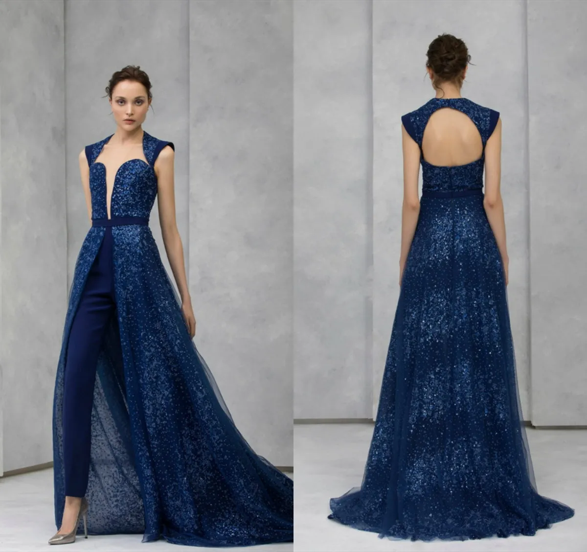 2020 Navy Evening Jumpsuit With Detachable Skirt Lace Sequined Beaded High Collar Prom Dress Tony Ward Formal Party Gowns Pants Suit