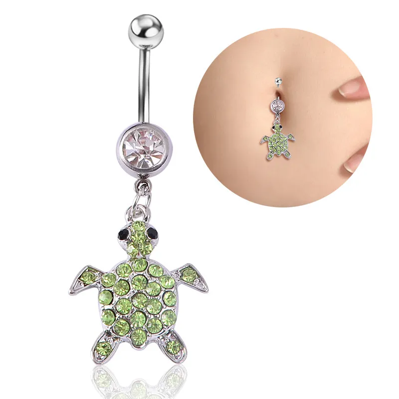 Sexig Wasit Belly Dance Turtle Animal Crystal Body Jewelry Rostfritt stål Rhinestone Navel Bell -knapp Piercing Dingle Rings för kvinnor