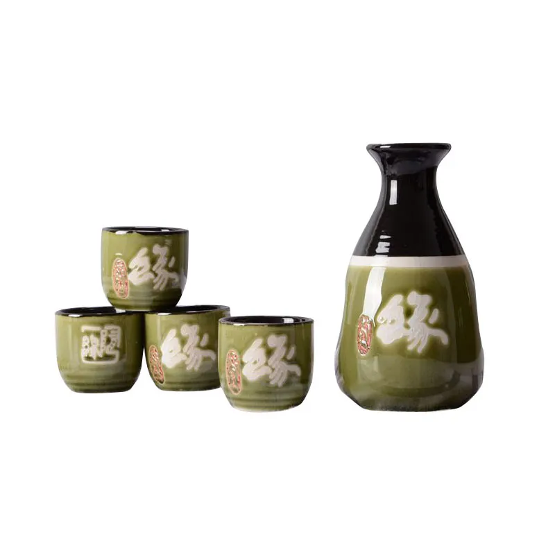 Conjunto de saquê japonês, utensílios para bebidas asiáticas, presentes com 1 garrafa tokkuri de cerâmica e 4 copos ochoko, caligrafia chinesa, esmalte preto e verde