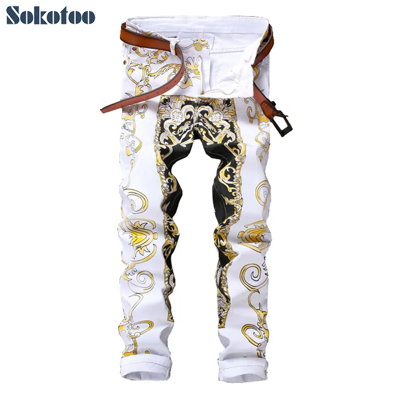 Sokotoo masculino fino cadávias jeans moda flor retas calças de denim branco longas calças