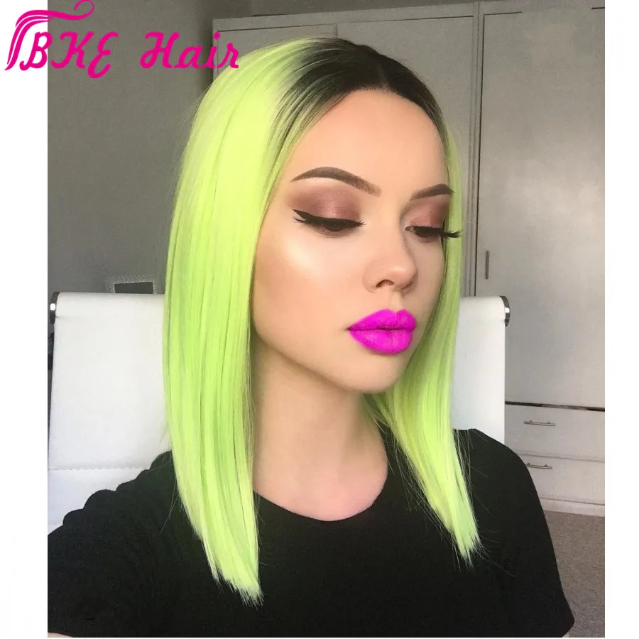 Partie médiane profonde Lace Frontal Bob Wig ombre Perruques de couleur vert clair avec les cheveux de bébé courts lingots de dentelle synthétique droite pré-cueillies