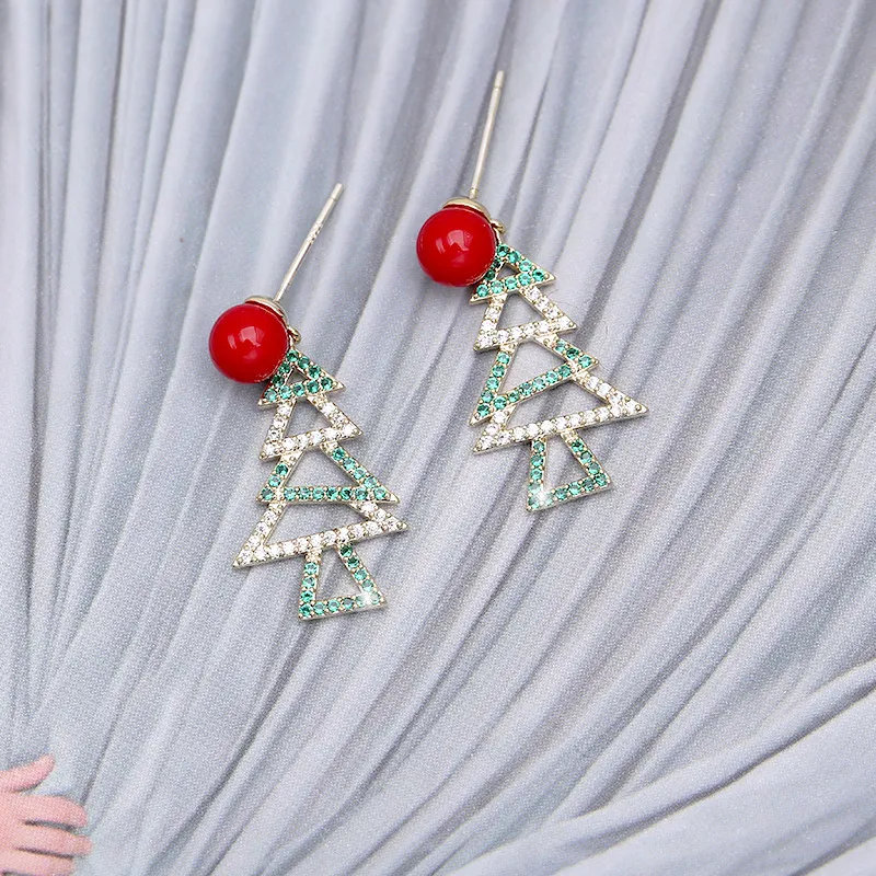 Boucles d'oreilles arbre de Noël pour femmes, bijoux en argent S925, perles rouges, boucles d'oreilles de noël en cristal, vente en gros