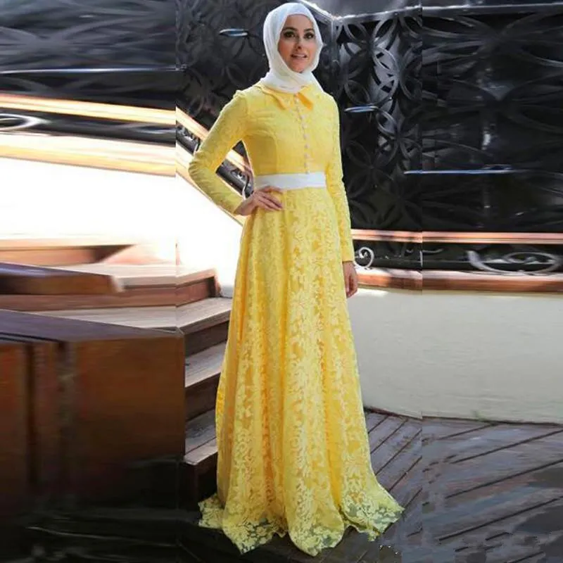 Gelbe muslimische High-Neck-Abschlussballkleider 2019, A-Linie, lange Ärmel, Spitze, formal, islamisches Dubai, Saudi-Arabien, langes, elegantes Abendkleid