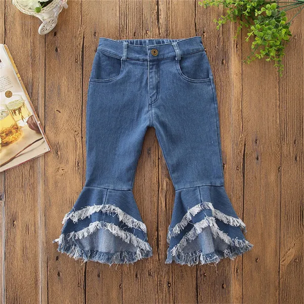 Baby Girl Clothes Fashion Elastic Waist Flare Jeans Wide Leg Tassel Trousers Children Loose Pants Denim Pants Toddler Kids Girls Jeans 2-7T