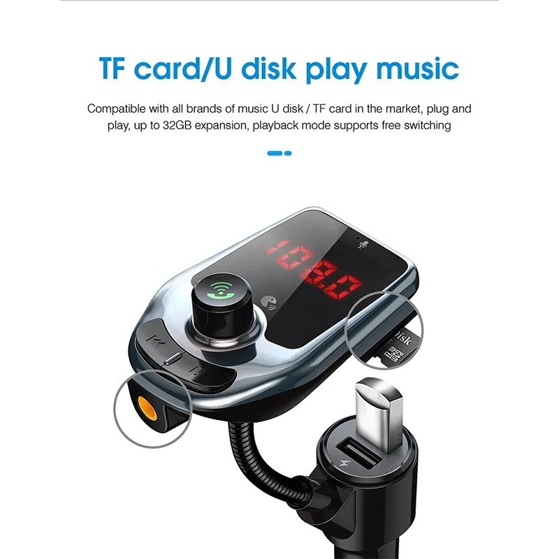 D5 kit auto bluetooth trasmettitore fm ricevitore lettore musicale mp3 portatile doppia porta USB display multifunzione caricabatterie rapido display 6754689