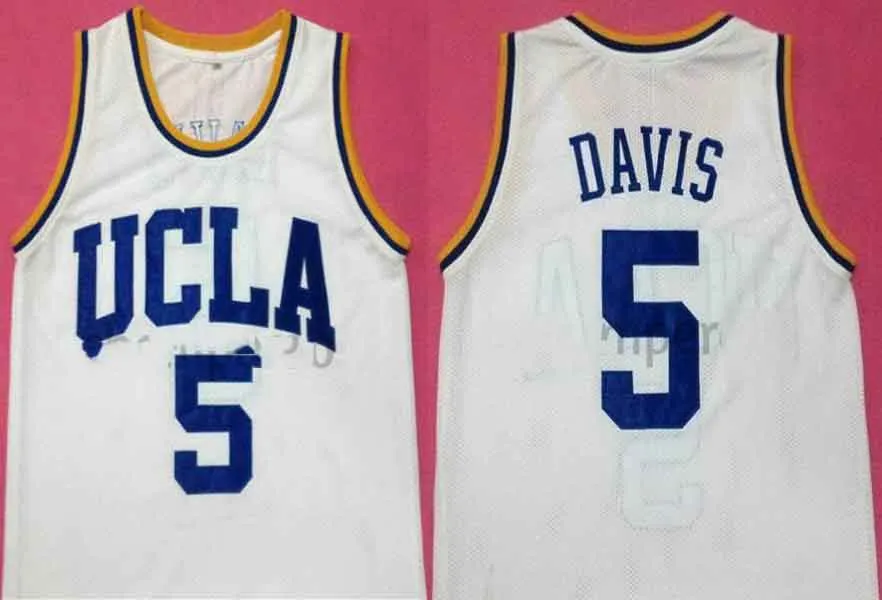 바론 데이비스 # 5 UCLA BRUINS 대학 화이트 레트로 농구 유니폼 남성 스티치 사용자 지정 번호 이름 유니폼