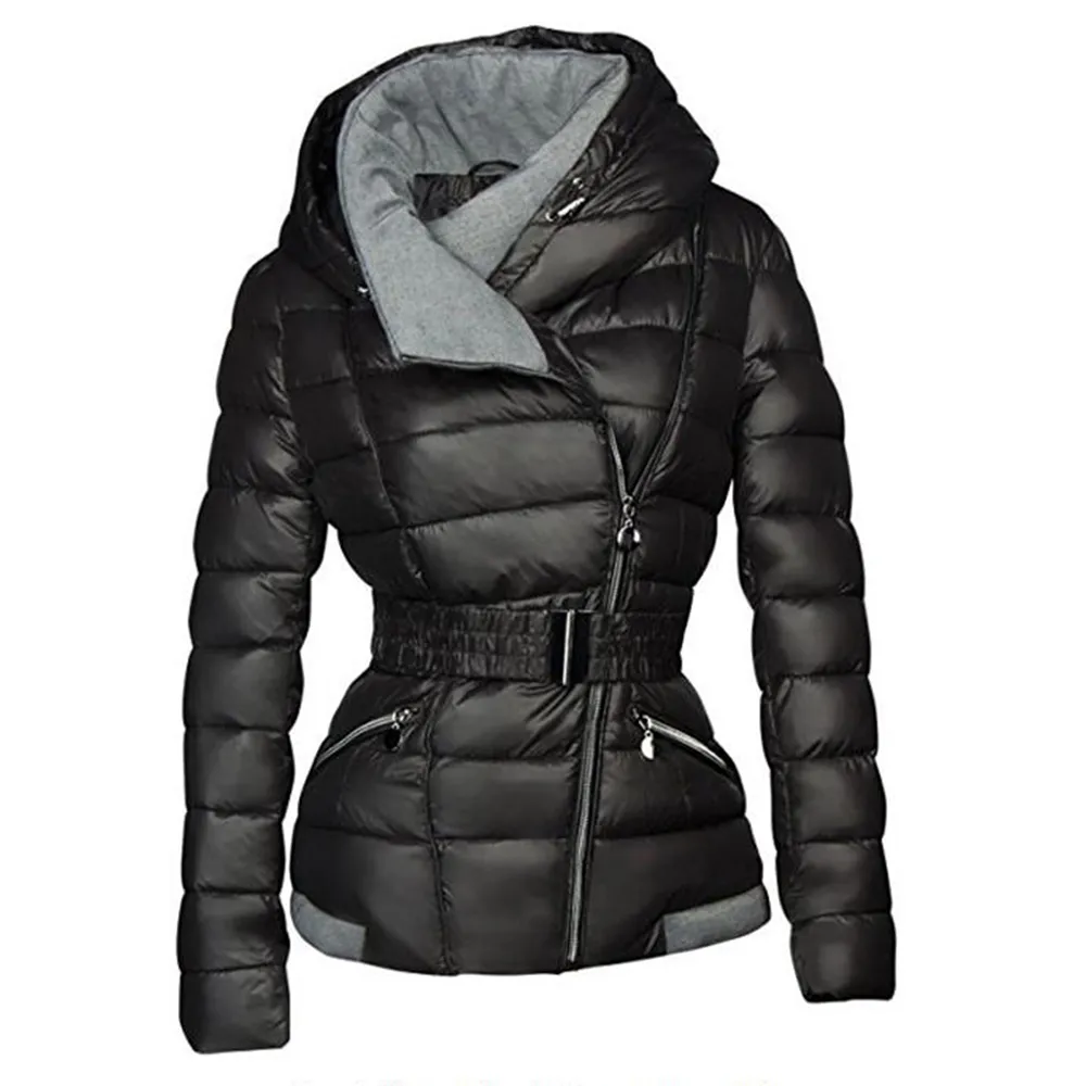 2019 Winterlagen vrouwen parkas katoen warme dikke korte jas jas met riem slanke casual rits gotische zwarte bovenkleding overjassen