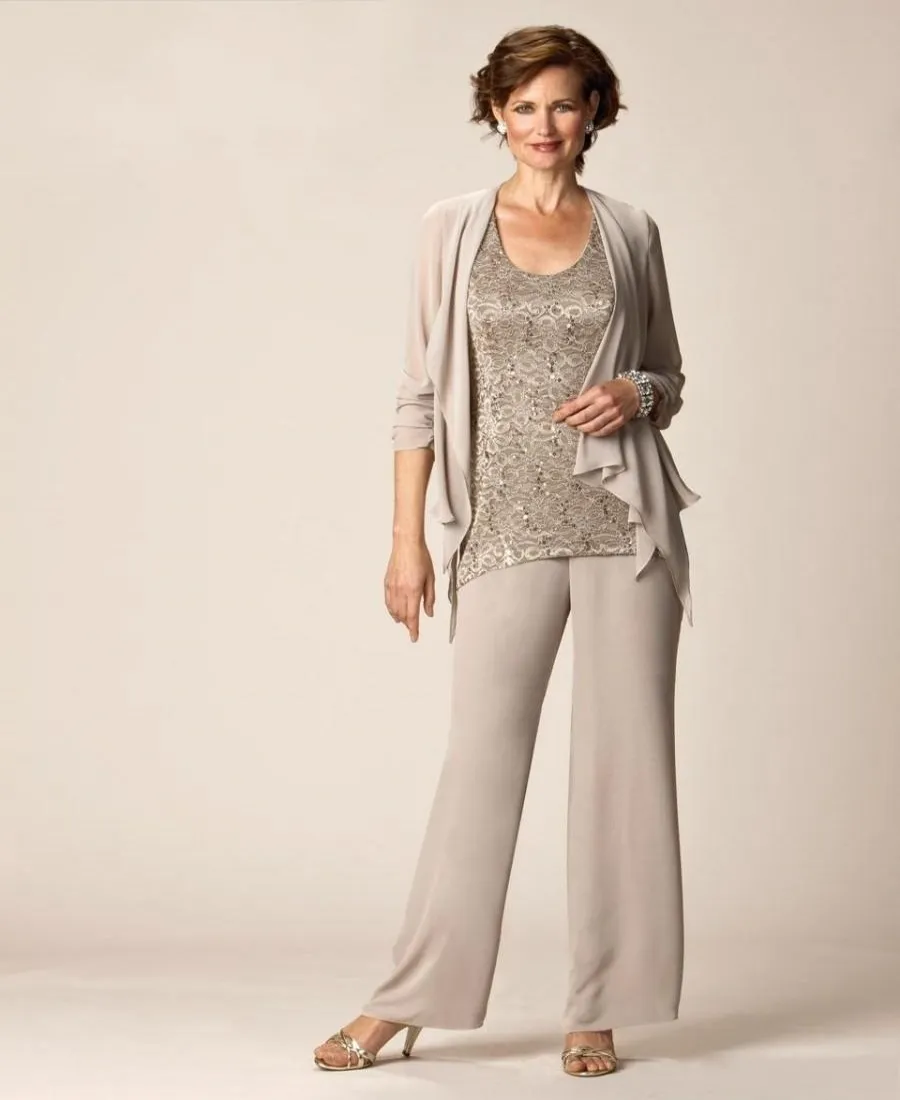 Mother of the Bride Pant Suits Long Sleeves Chiffon Jacket Lace Top Three Pieces Groom Mother Dresses Prom Party Dress