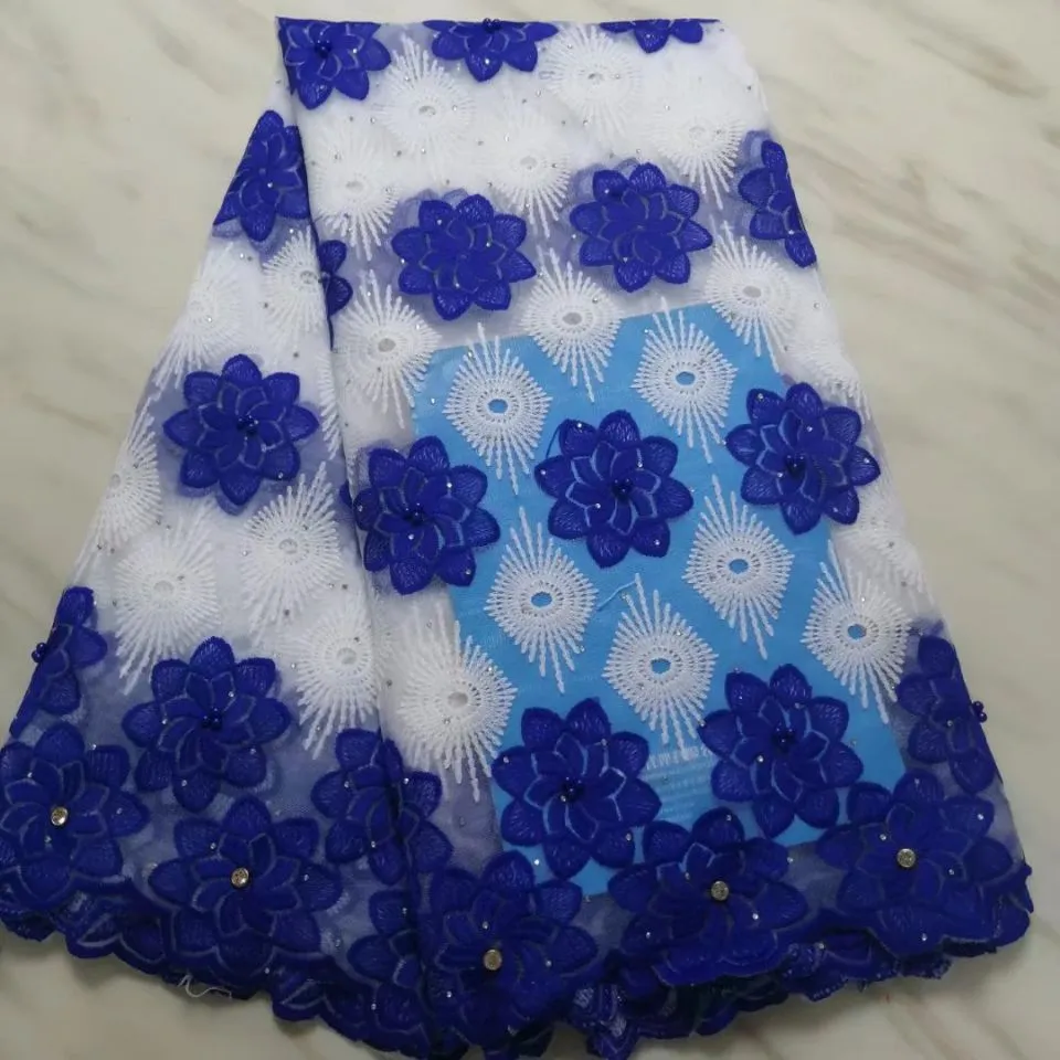 5 야드 / pc 아름다운 로얄 블루 꽃 아프리카 우유 실크 레이스 화이트 프랑스어 그물 레이스 직물 드레스 BN131-10