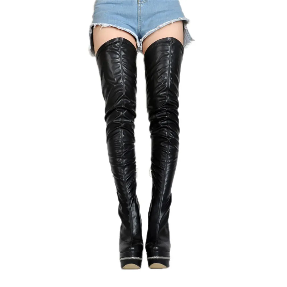 Hot Sale-Sexy High Heel Thigh-High Boots Night-Club Dance-Show Lång Stövlar Plattform Vinter Varm Mode Klänning Evening Booties Skor N078