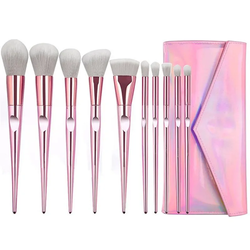 10 pcs pincéis de maquiagem conjunto pó pó cílios contorno eyeshadow ferramentas de beleza compõem kit de escova com saco cosmético