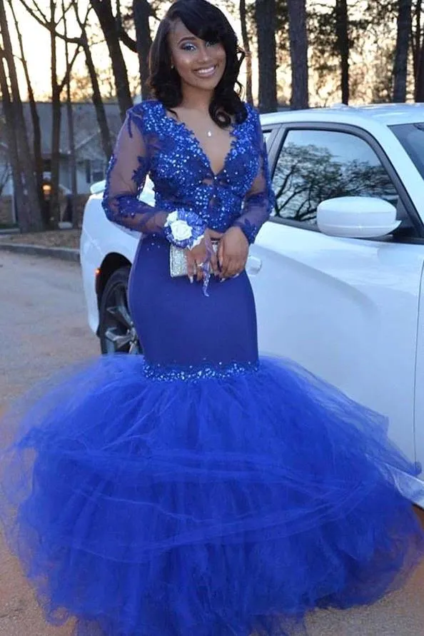 Black Girls Royal Blue 2019 Mermaid Prom Dresses Scollo a V Perline Applique in pizzo Abiti da sera convenzionali Abiti da festa Occasioni speciali