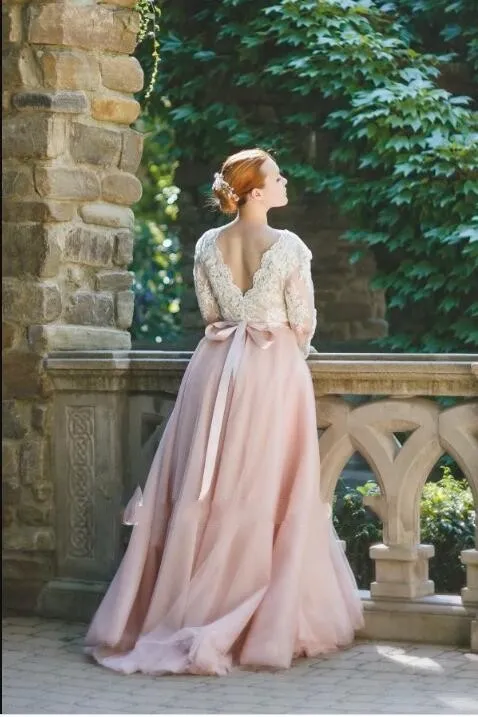 white wedding dress with pink ribbon Pink Long Sleeve Wedding Dresses Illusion Neck A Line Beaded Bridal Wedding Gown