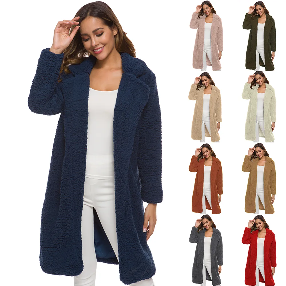 Frauen Mäntel Revers Fuzzy Fleece Ophose Mode Open Front Long Cardigan Kunstfell warme Winter -Outwear -Jacken