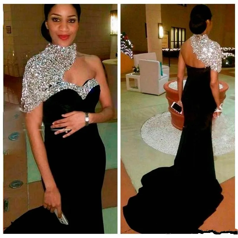 Bling Bling Black Mermaid Suknie Wieczorowe z Wysoką szyją Kryształ Zroszony Krótkie Rękawy Kobiety Kryształ Zroszony Formalna Prom Dress Suknie Pagewne