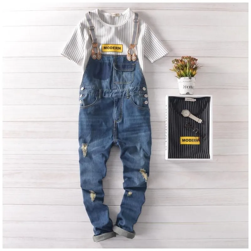 Jeans masculinos Mens Casual Denim Macacão Skinny Jean Macacão Rasgado Vintage Bib Calças Masculinas Suspensórios 71403240G