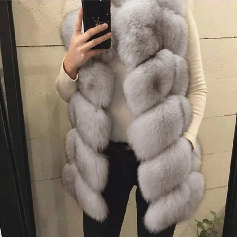 Womens Winter Faux Fox Fur Waistcoat Jacket Coat Vest Gilet for Women Warm Long Sleeveless Jacket Outwear Long Slim Fur Vest