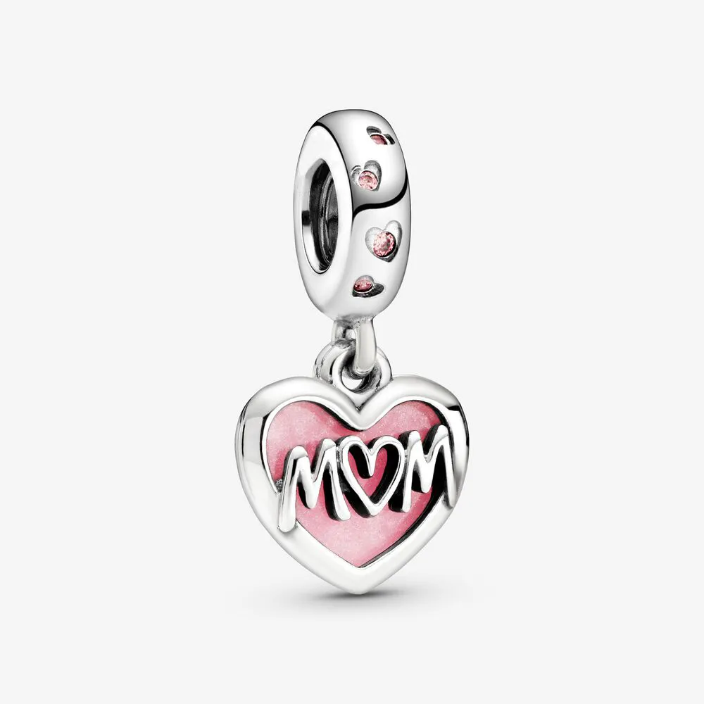 New Arrival 100% 925 Sterling Silver Mom Script Heart Dangle Charm Fit Original European Charm Bracelet Fashion Jewelry Accessories