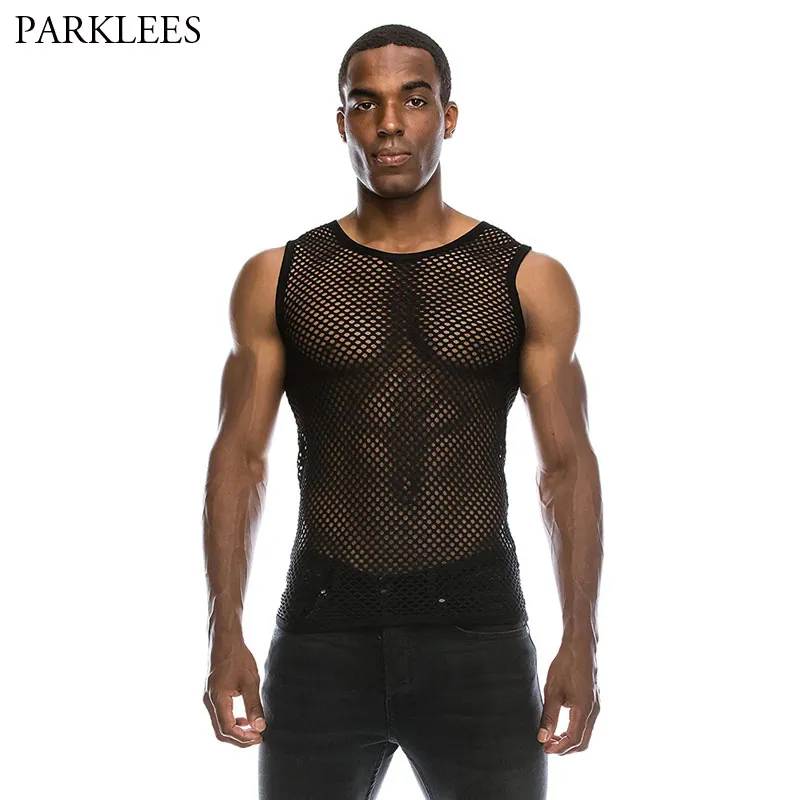 2018 Fashion Mäns Fishnet Mesh Tank Topps Sexig Se genom andningsbar Genomskinlig Tight Vest Bodybuilding Performance Club Wear