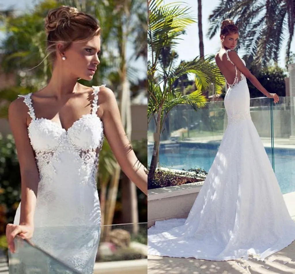 Bling Bridal Dresses 2019 New Mermaid Vintage Långt tåg Billig Backless med Lace Bröllopsklänning Sexig Garden Ball Gowns Pearl Beach 1202