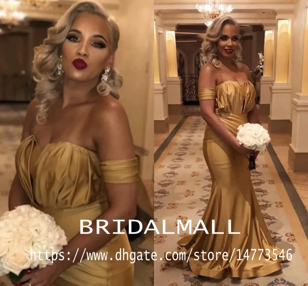 Draped Gold Satin Mermaid Evening Dresses Off the shoulder African Formal Party Gowns Elegant Long Arabic Prom Dress Custom Robe de soirée