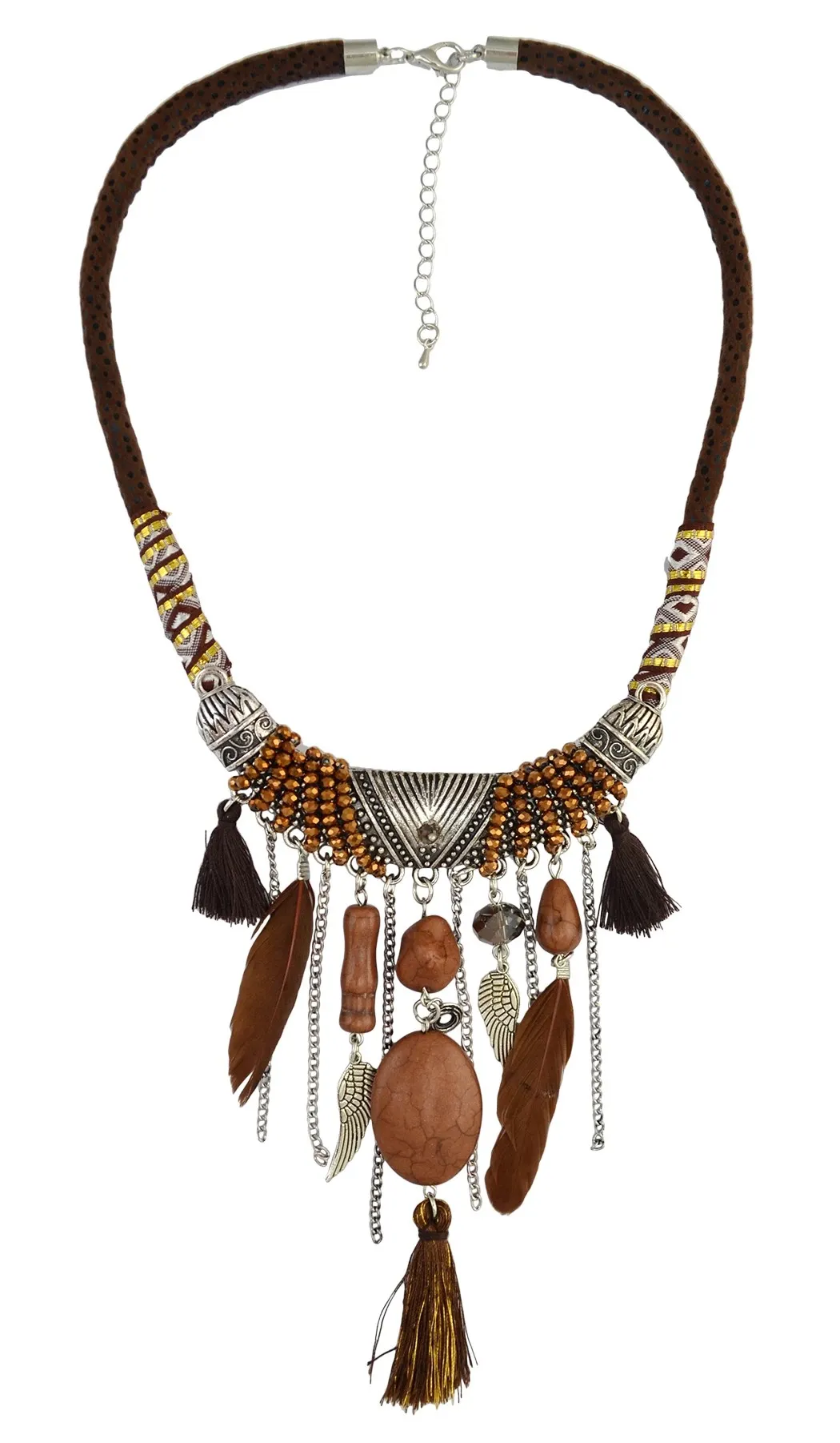 Bohemian Fashion Silver Leather Resin Resin Beads Natrual Stone Feather Deathel Necklace Jewelry