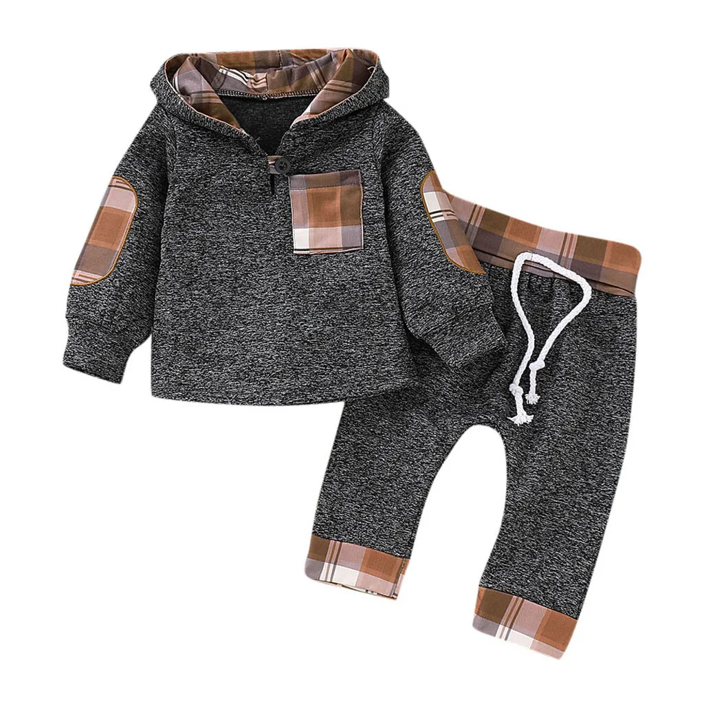 Neue Kinder Kleidung Baby Langarm Pfosten Hoodie Säugling Kleinkind Baby Jungen Mädchen Plaid Hooded Pullover Tops Hosen Outfits Set