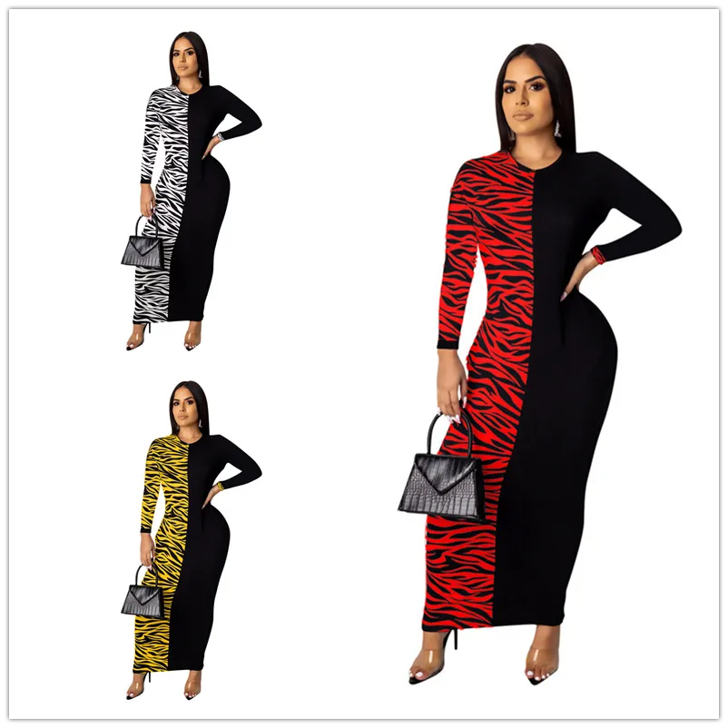 Moda Kobiety Zebra-Stripe Sukienka Z Długim Rękawem O-Neck Sukienki Luźna Kieszeń One Piece Skirt Oversized Midi Sukienka Jesienne Sukienki Kobiet Sukienka