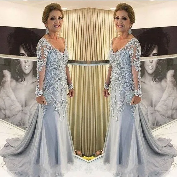 Light Blue Lace V-neck Mother Of The Bride 2020 Illusion Long Sleeve Elegant Formal Party Evening Dress For Wedding Women Groom Dress