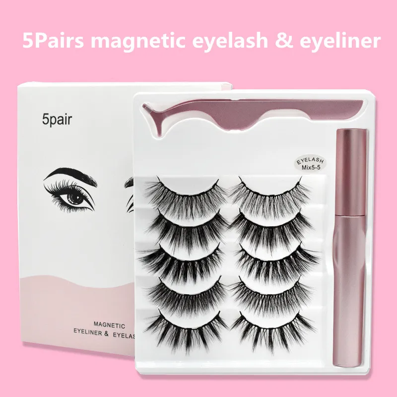 Magnetische wimpers met eyeliner en pincet 5 paren magnetics valse oog wimpers vloeibare eyeliners make-up set herbruikbare wimper geen lijm nodig 3Sets