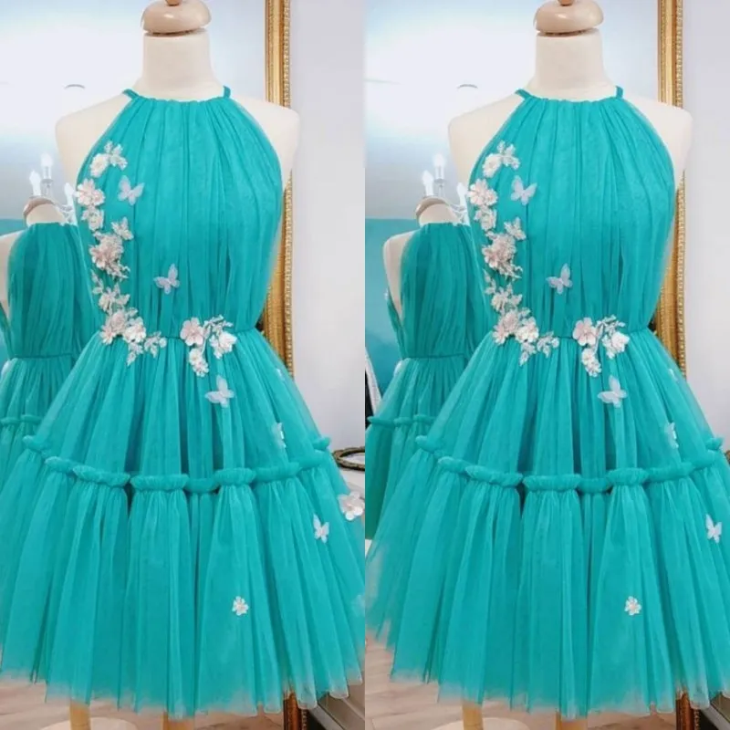 Bleu sarcelle robes de bal courtes licou cou sans manches ruché plissé tulle 3D appliques florales papillon agrémenté robes de soirée formelles