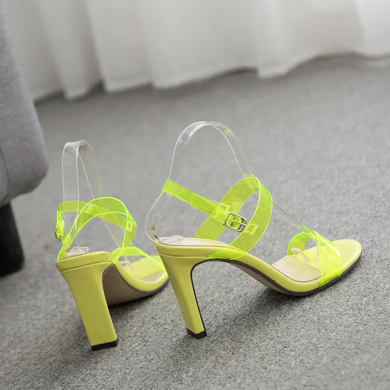 Trendy fluorescent yellow clear PVC transparent high heels designer gladiator sandals size 35 To 40