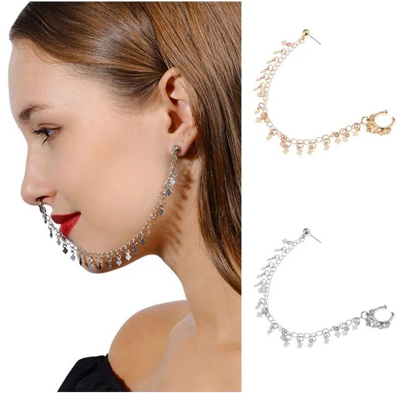 Silber goldene Nase Hoop Ring Kette Modeschmuck Ohr Nasenstecker mit Pailletten Quaste Gliederkette geometrische Persönlichkeit Punk Ohrringe