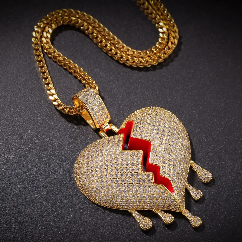 Iced Out Broken Heart Pendant Necklace Mens Womens Fashion Hip Hop Jewelry Gold Silver Water Drop Necklaces237H