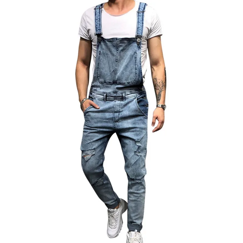 Fashion Mens Ripped Jeans Jumpsuits Street Distressed Hole Denim Bib Overalls For Man Suspender Pants Size M-XXL